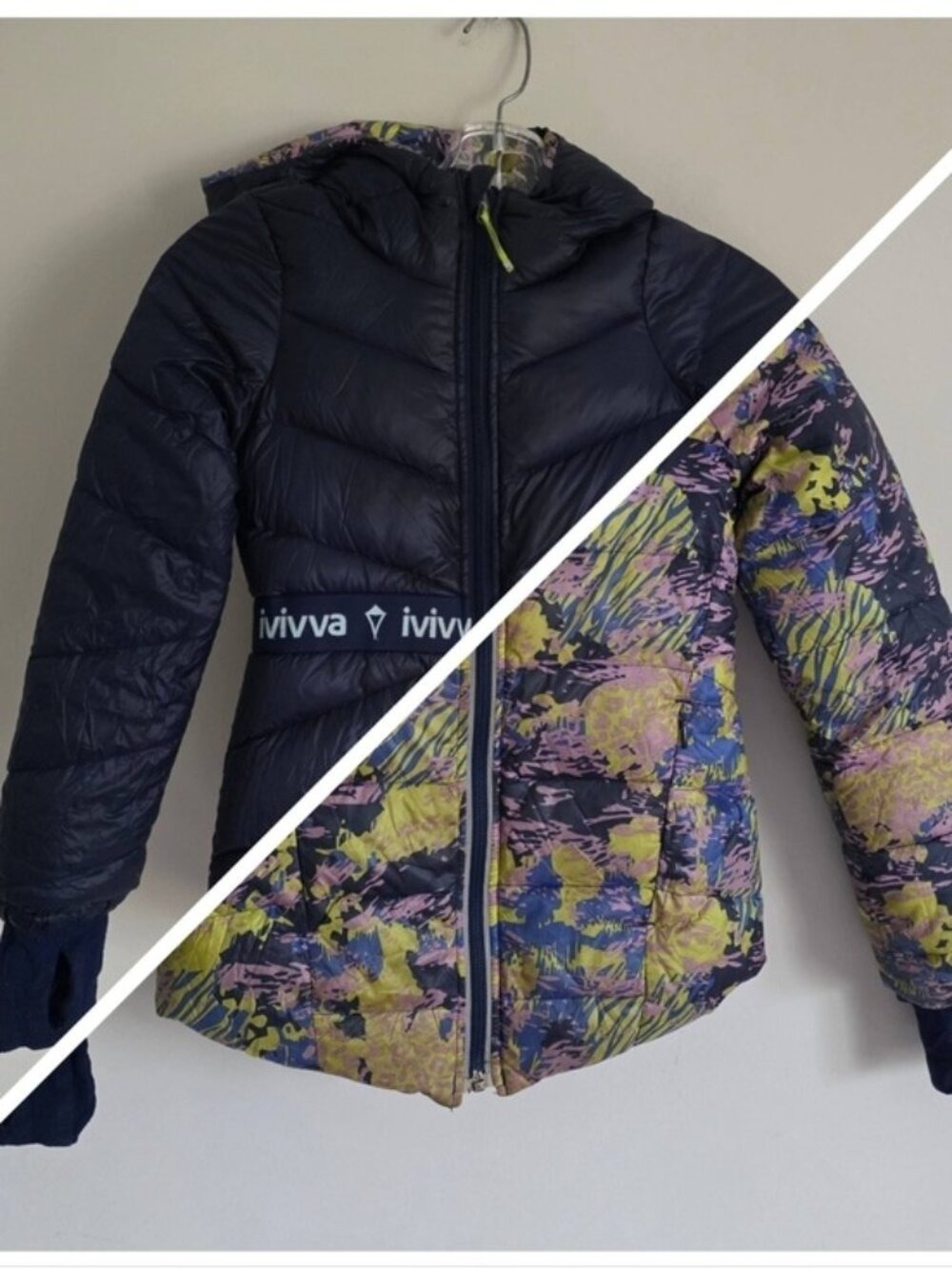 LULULEMON | Ivivva Reversible Down Jacket Hooded Navy Green Girls sz 7